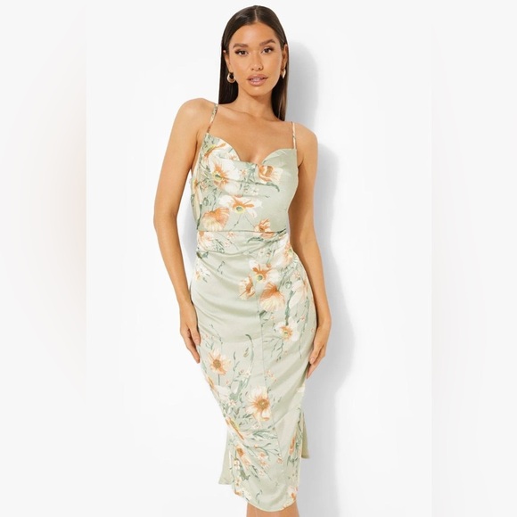 NWT Boohoo Sage Green Satin Floral Cowl Tie-Back Flute Hem Slip Midi Dress 12 - Picture 2 of 11